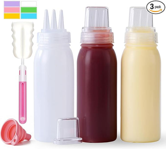 3 Hole Squeeze Bottles for Sauces Plastic Condiment Squeeze Bottles Ketchup Dispenser Salad Dressing Container Squirt Kitchen Squeeze Bottles for Oil BBQ Paint Pancake Art 3 Pcs 13oz/380ML
