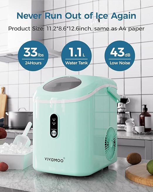 Ice Makers Countertop Nugget Ice Cubes, Portable Ice Maker, Self Cleaning Pebble Ice Machine, 33lbs/24h, Lower Noise, Small Sonic Ice Maker for Home, Kitchen, Office, Counter Top Pellet Ice Generator