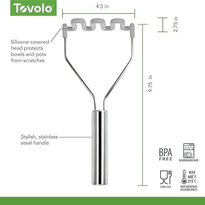 Tovolo Silicone Potato Masher Stainless Steel Handle Oyster Gray Dishwasher Safe Heat Resistant Non Scratch Handheld Coil Wire Potato Smasher for Nonstick Pans Ergonomic Kitchen Food Prep Tool