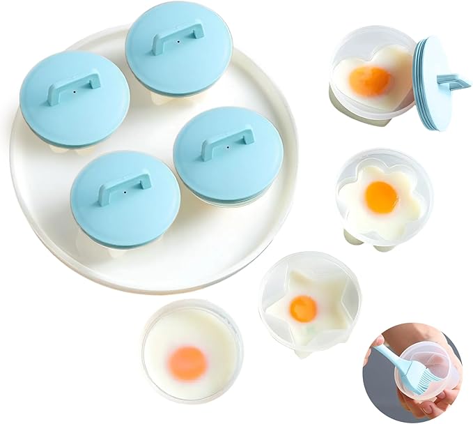Egg Poacher Cups, 4 Pcs Poached Egg Cooker with Lid and Oil Brush Egg Coddler 4 Shapes Reusable Egg Molds, BPA Free Nonstick Egg Poaching Cups for Boiled Eggs Without Shell, Blue