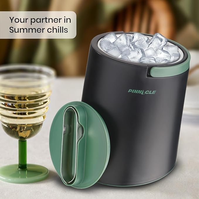 PINNACLE Insulated ice bucket for parties with Tong that fit into Lid - Stainless Steel ice bucket for cocktail bar with Collapsible Handles for indoor/outdoor bar, BPA Free (Green)