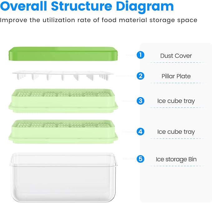 PHINOX Ice Cube Tray With Lid and Bin, Ice Trays for Freezer, Flexible Ice Cube Trays, Making 56 pcs Ice Cubes, Chilling Cocktail, Whiskey, Coffee, with 2 trays, Ice Container, Scoop&Cover, BPA Free