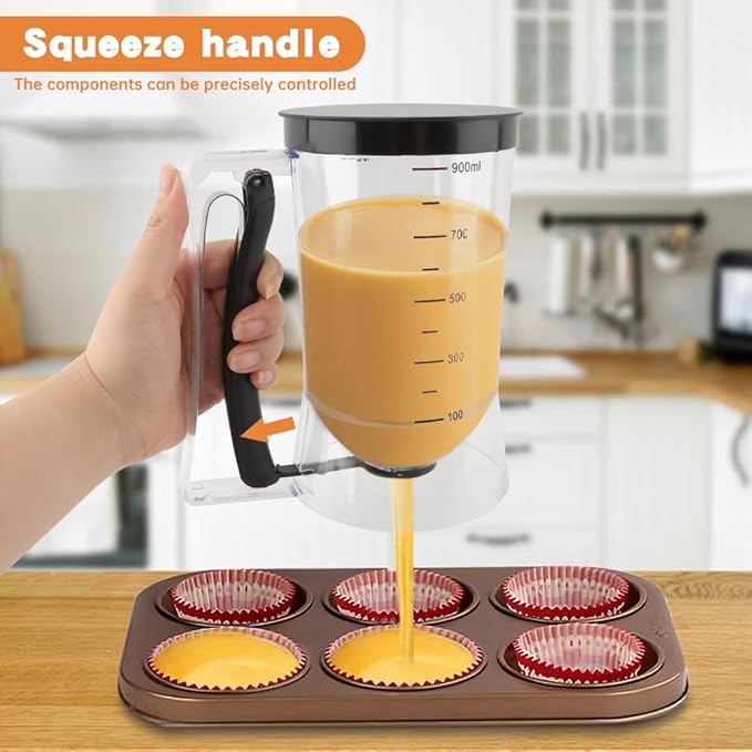 4 Cup Pancake Batter Dispenser with Cupcake Scoop Batters Dispenser,Pancake Waffl Mix Dispenser with Squeeze Handle & Measuring Marks,for Cupcake,Muffins, Crepes & Cupcakes(black)