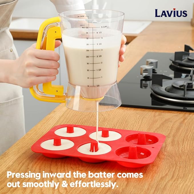 Pancake Batter Dispenser 5-Cup Batter Pourer for Maker Pancakes, Waffles, Crepes, Muffins, Cupcakes, Easy Squeeze Grip Handle with Proof Nozzle, Precise Baking Tools（Yellow）
