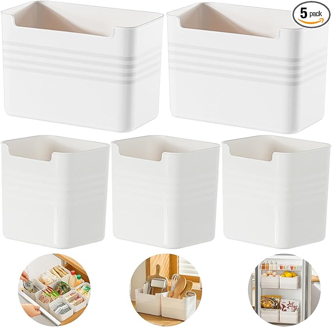 5 Pack Refrigerator Organizer Box, Plastic Refrigerator Side Door Storage Containers, Space-Saving Organizer Bins for Refrige, Refrige Drawers for Fruit and Vegetable (White, S×3+L×2)