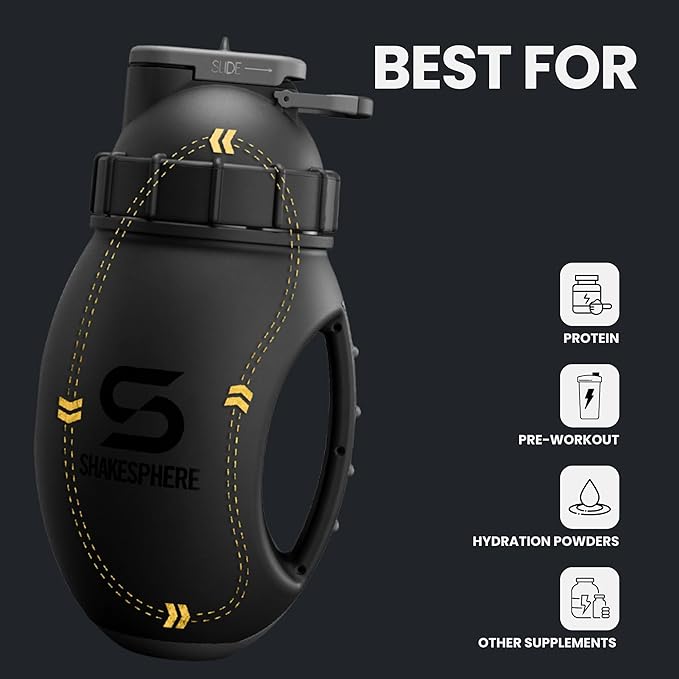 SHAKESPHERE Protein Shaker Bottle Jug 1.3L – Double Walled, Leak Proof Gym & Mixer Bottle, BPA-Free, Durable Design with Easy-Grip Handle, Silicone Base, and Clear Viewing Window – Matte Black