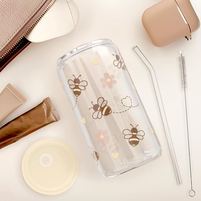 SANDJEST Bee 16oz Can Glass Tumbler with Acrylic Lid & Straw - Iced Coffee Cup for Women Girls, Aesthetic Cups Gifts for Birthday Christmas