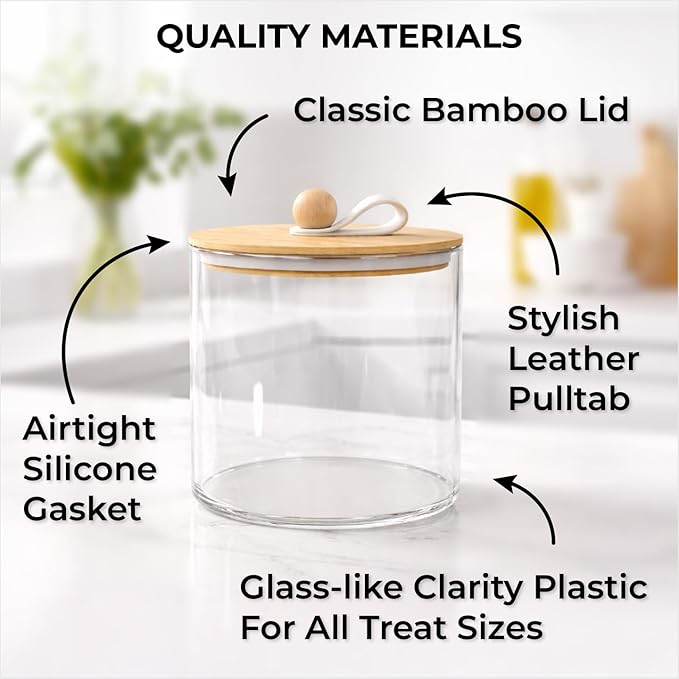 3 Acrylic Airtight Dog Treat Container , Dog Treat Jar Each Holds 4.4 QT / 17.5 Cups Kibbles Food Storage With Lid +24 Labels for Kitchen Counter Pet Cookie Jars With Lid Air Tight Cat Treats Canister