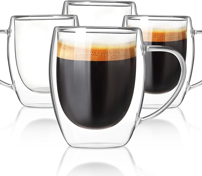 FrutPunch Double Walled Glass Coffee Mugs, Glass Coffee Mugs Set Of 4, Glass Coffee Cups with Handles, 12OZ, Suitable for Cappuccino, Latte, Espresso, Hot Drinks, Cold Drinks (4)