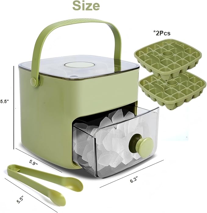 Ice Cube Tray with Lid & Bin Ice Maker Ice Trays for Freezer Ice Container- Reusable Ice Mold for Whiskey, Cocktail, Coffee, Beer Drinks with Ice Trays Ice Tongs (Green)