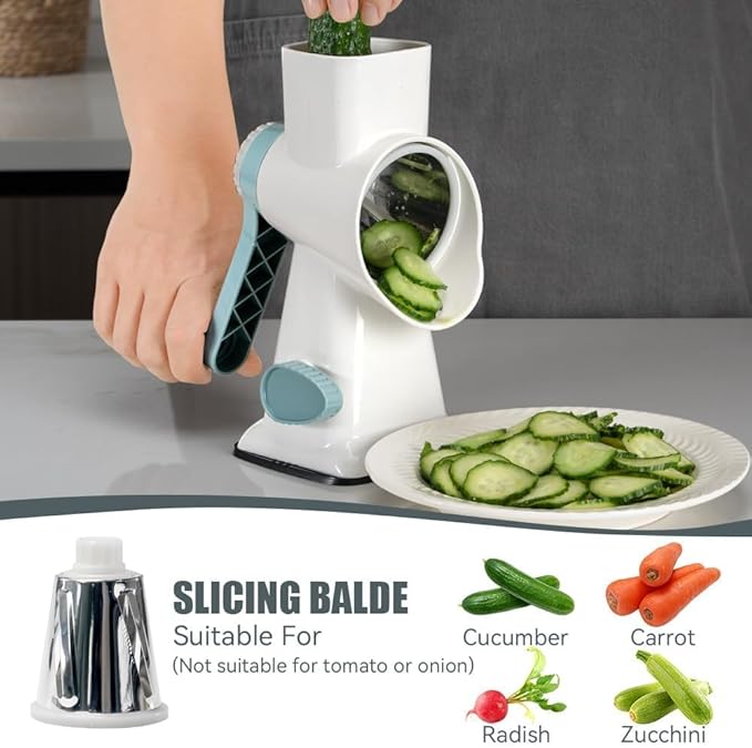 KEOUKE Rotary Cheese Grater Pro 6 in 1 - Shredder Crinkle Slicer Grinder Ice Shaver, Stable Suction, Time-saving Easy Use & Clean, Safe Morden Kitchen Tool for Cheese, Vegetable, Nuts, Chocolate