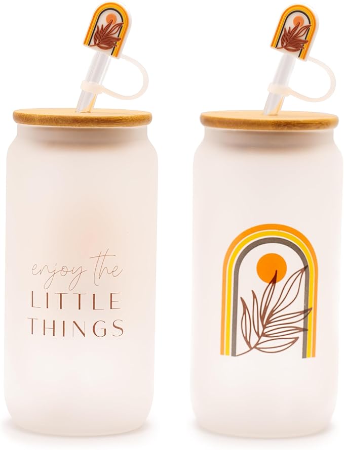 The Love Crate Co. Boho Gifts for Women - Cute Design Glass Cup with Lid and Straw, Customized Stopper and Insulated Cup Sleeve for Iced Coffee and Smoothies. Giftable Unique Tumbler Cups for Women