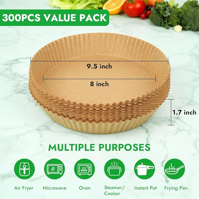 BYKITCHEN 300PCS Disposable Air Fryer Liners for Ninja AF141 5QT Pro AF181 6.5QT, Chefman 6 QT, Cosori 6QT &Other 5 to 8Qt Airfryer, 8 Inch Round Air Fryer Parchment Paper, Airfryer Basket Accessories