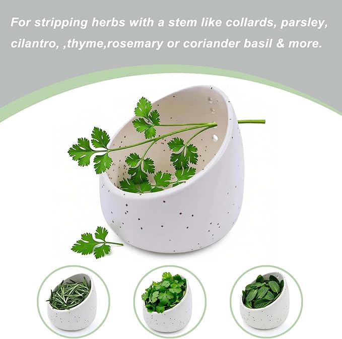 White Ceramic Herb Stripping Bowl with Four Multi-Sized Holes -Efficient Kitchen Tool for Parsley, Basil, Rosemary, Mint, Thyme, Cilantro, Oregano - Handmade Pottery Gadget