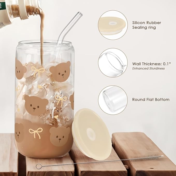 SANDJEST Bear Glass Can, Iced Coffee Aesthetic Cup, Gift for Christmas Birthday, Gifts for Women Girls, 16oz