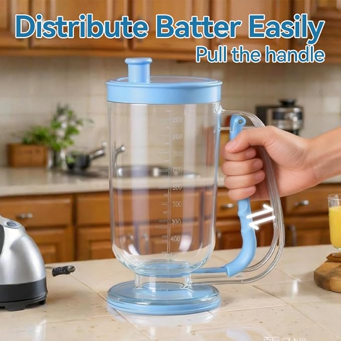 Pancake Batter Dispenser with Built-in Mixer Handle - No-Drip Handheld Funnel for Pancakes, Baking, Waffles, Cupcakes & Muffins - Easy Squeeze Baking Tool for Perfect Portions