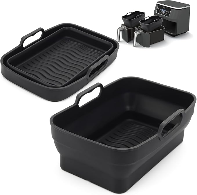 Air Fryer Silicone Liners Pot for Ninja Foodi Dual DZ090 6QT, 2 Pack Reusable Air Fryer Silicone Replacement Basket Bowl, Collapsible Baking Tray for Air Fryer Accessories (Black)