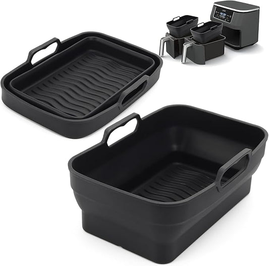 Air Fryer Silicone Liners Pot for Ninja Foodi Dual DZ090 6QT, 2 Pack Reusable Air Fryer Silicone Replacement Basket Bowl, Collapsible Baking Tray for Air Fryer Accessories (Black)