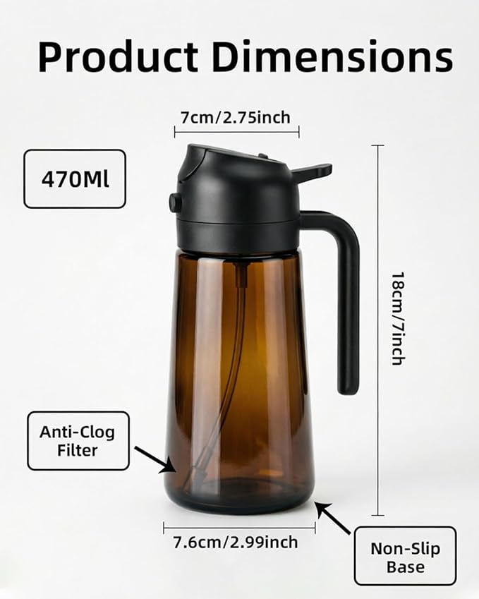16oz/470ml Oil Sprayer for Cooking, 2 in 1 Oil Dispenser for Kitchen, Olive Oil Sprayer, Food Grade Glass Bottle for Kitchen Gadgets, Air Fryer Accessories, Salad, BBQ (Black)
