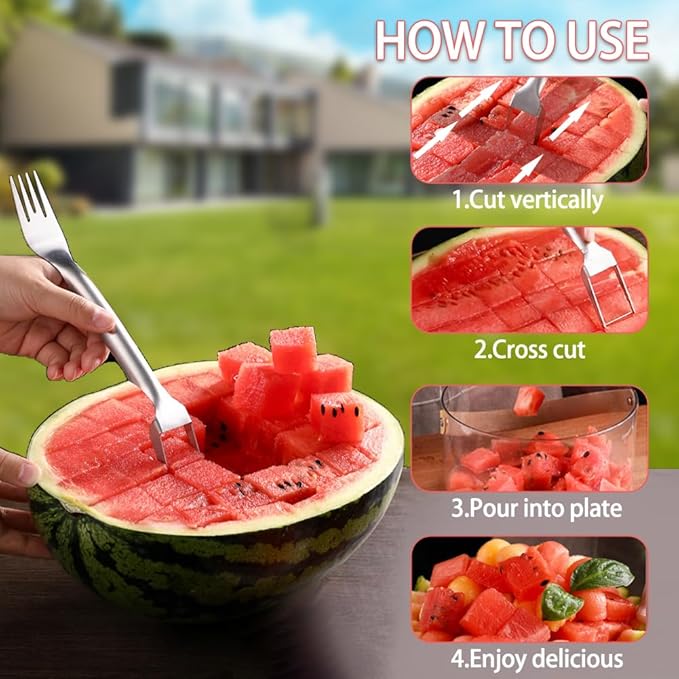 2PCS Watermelon Fork Slicer Cutter，Watermelon Fruit Tools with Melon Baller Scooper, Abnaok Stainless Steel 2-in-1 Watermelon Fork Knife, Portable Dual Head Fruit Forks for Home Party Kitchen Gadget