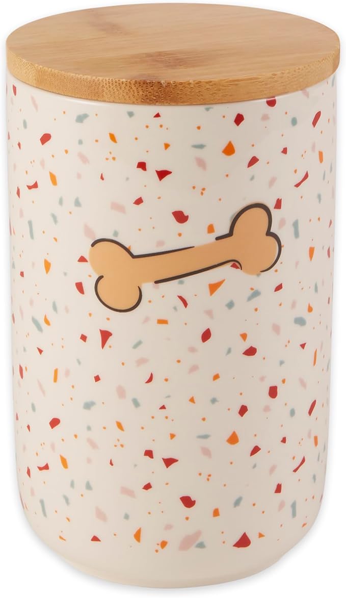 Bone Dry Ceramic Pet Treat Canister, Dishwasher Safe, 4x6.5 Terrazzo
