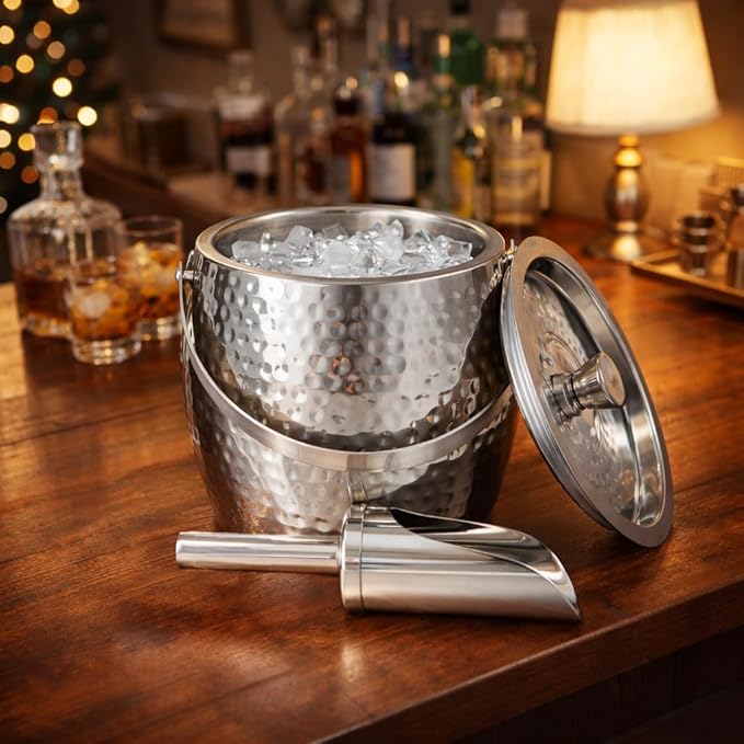 BREKX 3-QT Insulated Ice Buckets for Parties with Lid and Scoop - Iceberg Anchored Wine Chiller Champagne Bucket for Cocktail Bar, Metal Bucket with Lid, Non-Sweat