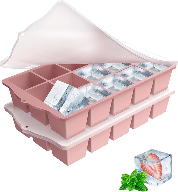 Ice Cube Trays for Freezer, 2 Pack Easy Release Slicone Ice Cube Tray with Lid, BPA Free Stackable Flexible Ice Molds 15 Square Reusable Ice Cubes for Whiskey, Baby Food, Iced Coffee (Pink)