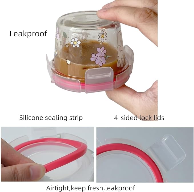 Ivymei 2 Pack Mini Glass Containers with lids,Small Floral Food Storage Contaiers Glass Food Jars for Food Portion,Dipping Sauce,Snack,Yogurt,Fruit,Leakproof,Microwave Freezer Safe(pinkpurple)