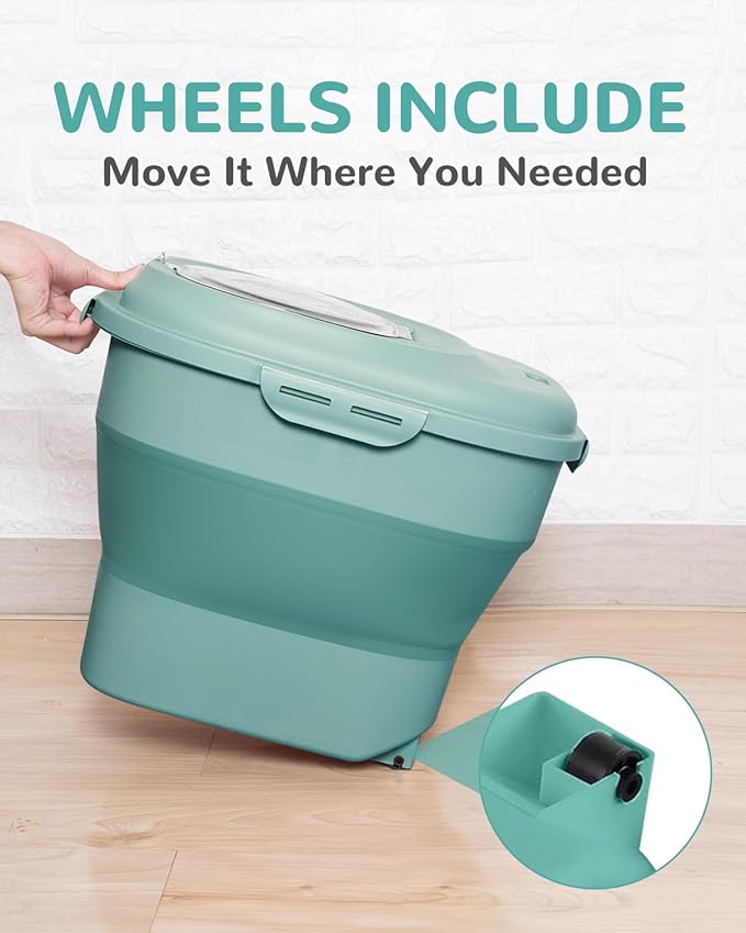 30-35 Lbs Dog Food Storage Container Collapsible Dog Food Container with Airtight Lids, Wheels, Scoop and 2pcs Food Storage Containers, Large Pet food storage for Dog, Cat (Green)
