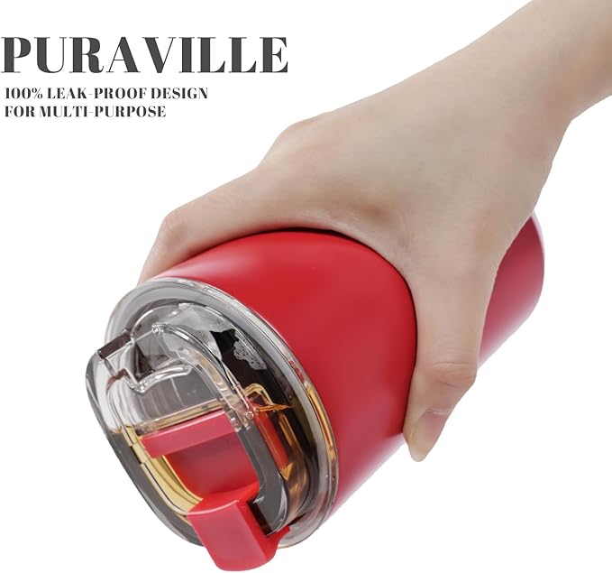 Puraville Insulated Tumblers with Lid, 14 oz Travel Coffee Mug Stainless Steel Vacuum Cup, Leak Proof Reusable Double Walled Coffee Tumbler for Iced and Hot Drinks, Red