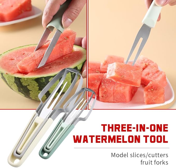 3-in-1 Watermelon Fork Slicer, 2024 New Stainless Steel Popsicle Cutter Tool, Quickly Fruit Cutting Tool for Camping Kitchen Gadgets (Green+Beige)