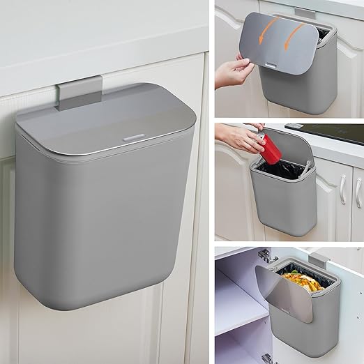 2.4 Gallon/9L Hanging Trash Can with Stainless Steel Lid, Mountable Compost Bin for Kitchen Cabinet Door, Under Sink Food Waste Container for RV, Bathroom, Office