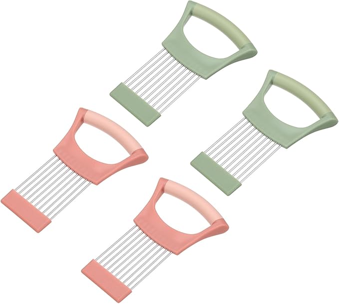 uxcell 4 Pcs Onion Slicer Holder, Stainless Steel Vegetable Cutting Holder Food Cutter Tool for Slicing Storing Onions Tomatoes Potatoes Avocados Apples, Green/Pink