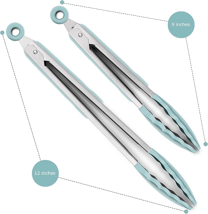 2 Pack Silicone Kitchen Tongs – 9" & 12" Set, Heat Resistant up to 500°F, Non‑Stick Cookware Safe, Wavy Silicone Tips, BPA Free, Locking Clip & Hanging Loop, Aqua Sky