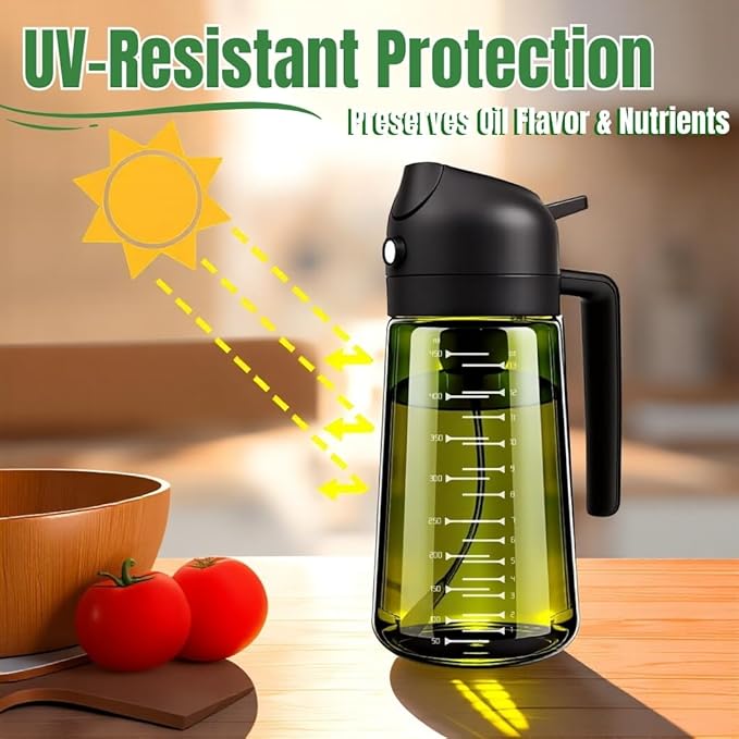 2 in 1 Olive Oil Dispenser and Sprayer,Kitchen oil dispenser bottle with measurement markings,16oz Light Blockage Dark Oil Sprayer,2pcs grilling spray bottle,oil sprayer fine mist for Salad