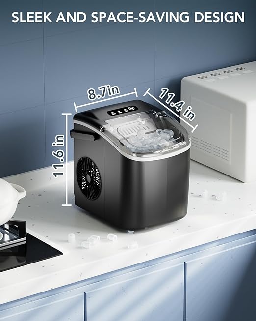 Ice Maker Countertop, Efficient Easy Carry Ice Machine, Self-Cleaning Ice Maker with Ice Scoop & Basket, 9pcs/ 6mins 26.6Lbs Per Day for Home/Office/Kitchen,Black
