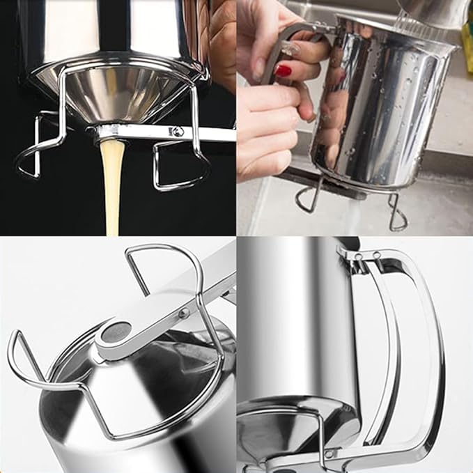 Premium Stainless Steel Batter Dispenser for Pancakes, Cupcakes, Cookies, Waffles & More - 900ML Handheld Pourer with Stand, Squeeze Handle, Unbreakable, Perfect for Various Baking (Stainless Steel)