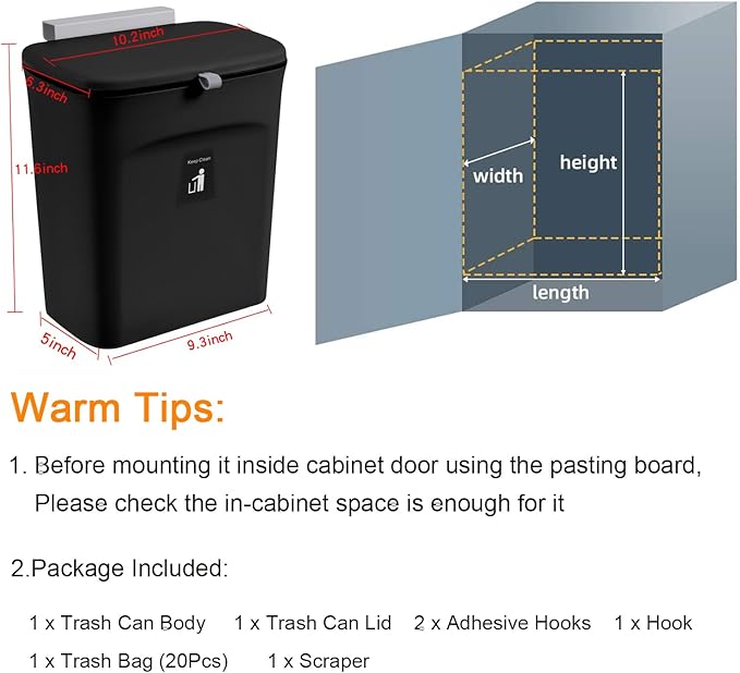 Tiyafuro 2.4 Gallon Kitchen Compost Bin for Counter Top or Under Sink, Hanging Small Trash Can with Lid for Cupboard/Bathroom/Bedroom/Office/Camping, Mountable Indoor Compost Bucket, Black