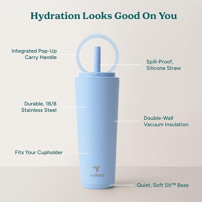 REDUCE Halo 24 oz Stainless Steel Vacuum Insulated Tumbler - Spill Proof Travel Mug with Flip Handle Lid - Keeps Drinks Cold for 32 Hrs - Dishwasher Safe - Cupholder Friendly - Glacier