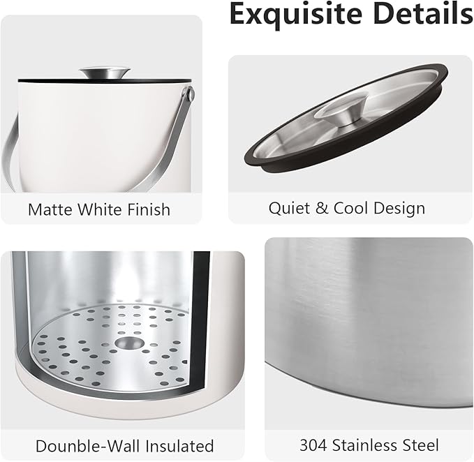 Bakpoco Insulated Ice Bucket with Silicone Lid, Scoop, Tongs & Strainer, 3L Stainless Steel Double Wall Ice Buckets for Parties & Cocktail Bar, Champagne Ice Bucket with Lid for Freezer, Ivory