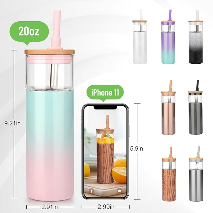 Tronco 20 oz Vacuum Insulated Glass Tumbler with Lid and Straw - Keeps Drinks Cold for 12 Hrs - Reusable Glass Cup for Iced Coffee, Smoothies & Boba - Sweat & BPA Free, Dishwasher Safe, Fit Car Holder