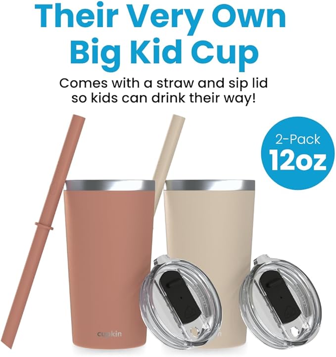 CUPKIN Toddler Tumblers, The Original 12 oz Stackable Stainless Steel Cups, Set of 2 Powder Coated Insulated Kids Water Bottle Alternative + BPA Free Lids + Reusable Silicone Straws (Brown + Peach)