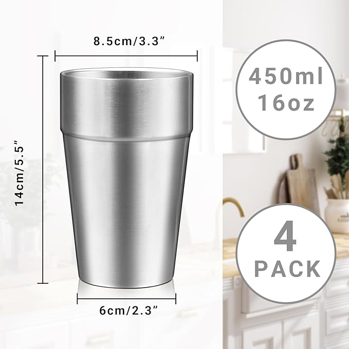 Metal Cups For Drinking, 16 oz Insulated Tumbler, 4 Pack Double Wall Unbreakable Stackable Water Tumblers Insulated Stainless Steel Cups Premium Glasses for Travel Camping Home Outdoor