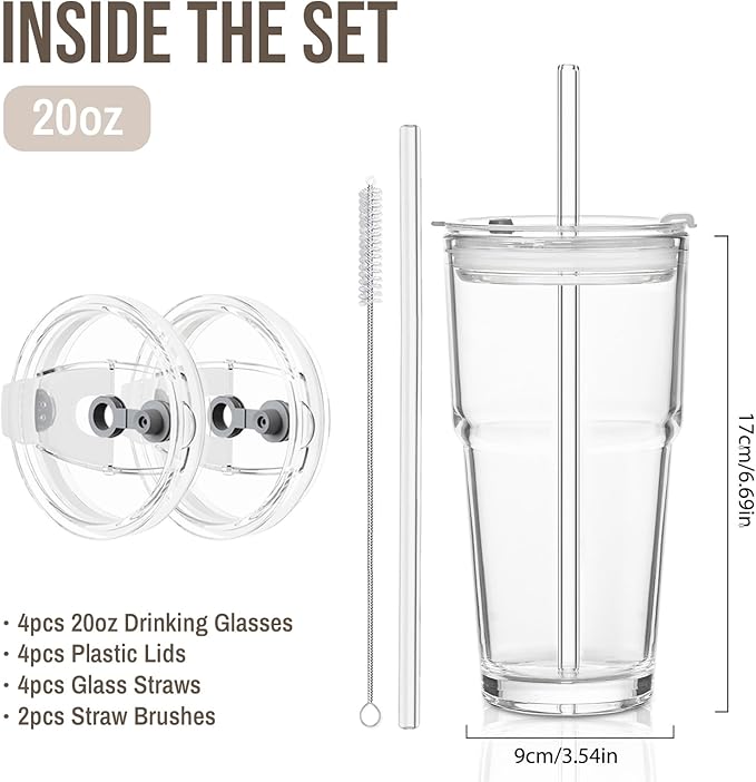 SoulTimes 20oz Glass Tumbler with Lid and Glass Straw –Set of 4, Clear Reusable Iced Coffee Cup, Drinking Glass for Coffee, Tea, Juice, Smoothies – Durable & Elegant Glassware