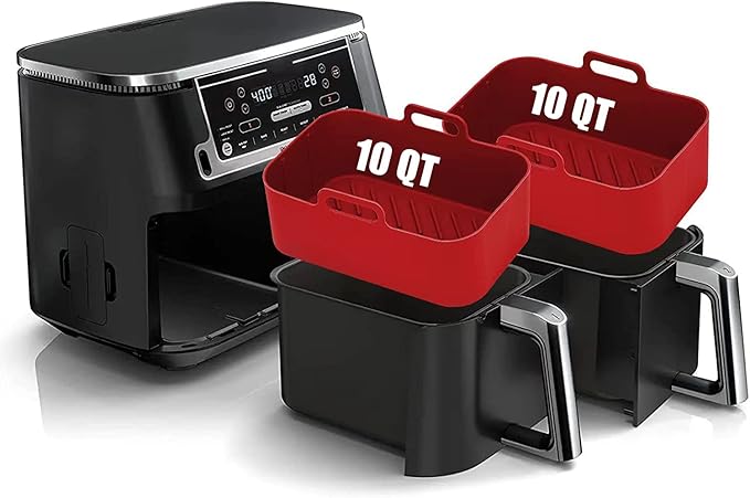 Air Fryer Silicone Liners 10 Quart for Ninja DZ550GY DZ550/DZ401/DZ302 Foodi DualZone XL 2-Basket,MMH 2PCs Reusable Rectangle Baking Tray Replacement Accessories for Ninja/Cosori 9-10QT Airfryer,Red