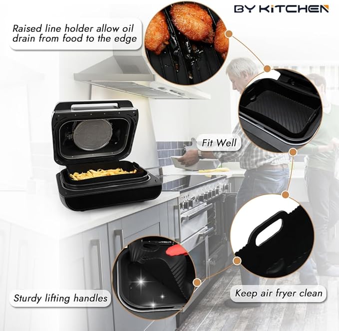 BYKITCHEN Reusable Air Fryer Silicone Liners for Ninja FG551/DG551/IG651 Foodi Smart XL Indoor Grill, Rectangle Silicone Air Fryer Liners, Ninja Foodi Grill Accessories
