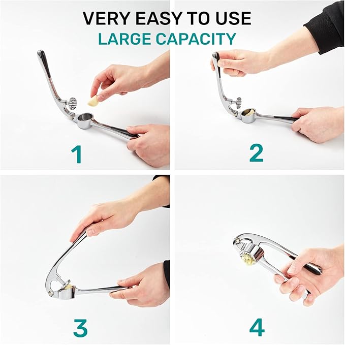 HiramWare Garlic Press, Premium Rust Proof Kitchen Garlic Mincer Crusher Squeezer with Ergonomic handle, Ginger Crusher with Good Grip, Easy to Clean, Dishwasher Safe
