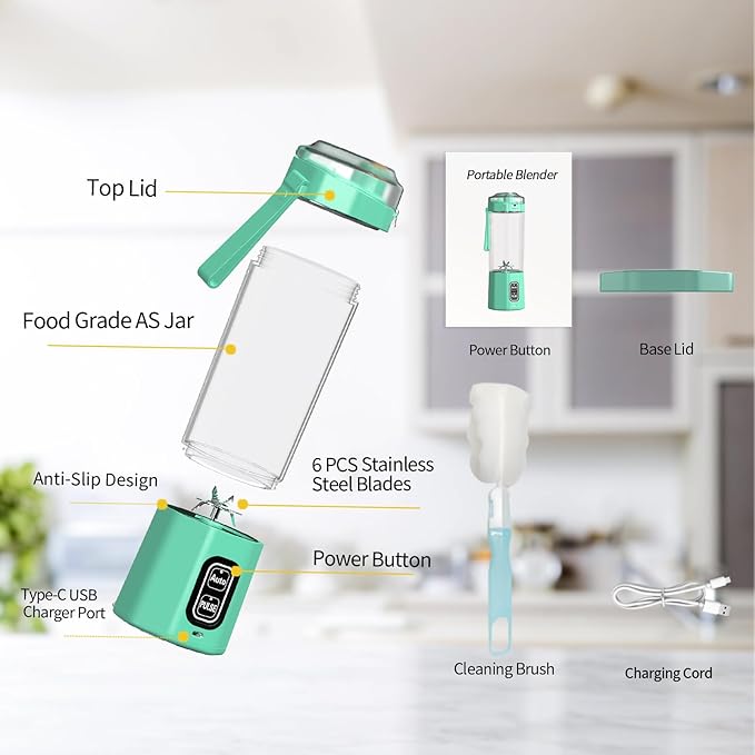 Portable Blender, 360 Watt Personal Blenders with Pulse Mode, Shakes and Smoothies, 6000mAh, BPA Free 24 Oz Blender Cup with 6 Blades and Lid, USB-C, Self Cleaning Portable Juicer For Travel, Green