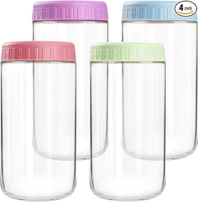 SHOWIN Overnight Oats Containers with Lids, 24oz Glass Jars with Lids 4 pcs, Candy, Wide Mouth Mason jars for Salad, Yogurt, Snacks, Meal Prep