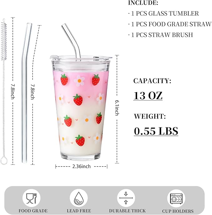 Olvini 15oz Glass Tumbler with Glass Straw and Lid, Cute Iced Coffee Cups, Aesthetic Glass Cups, Coffee Tumbler, Water Cup, Matcha Cup, Drinking Glasses (Strawberry)